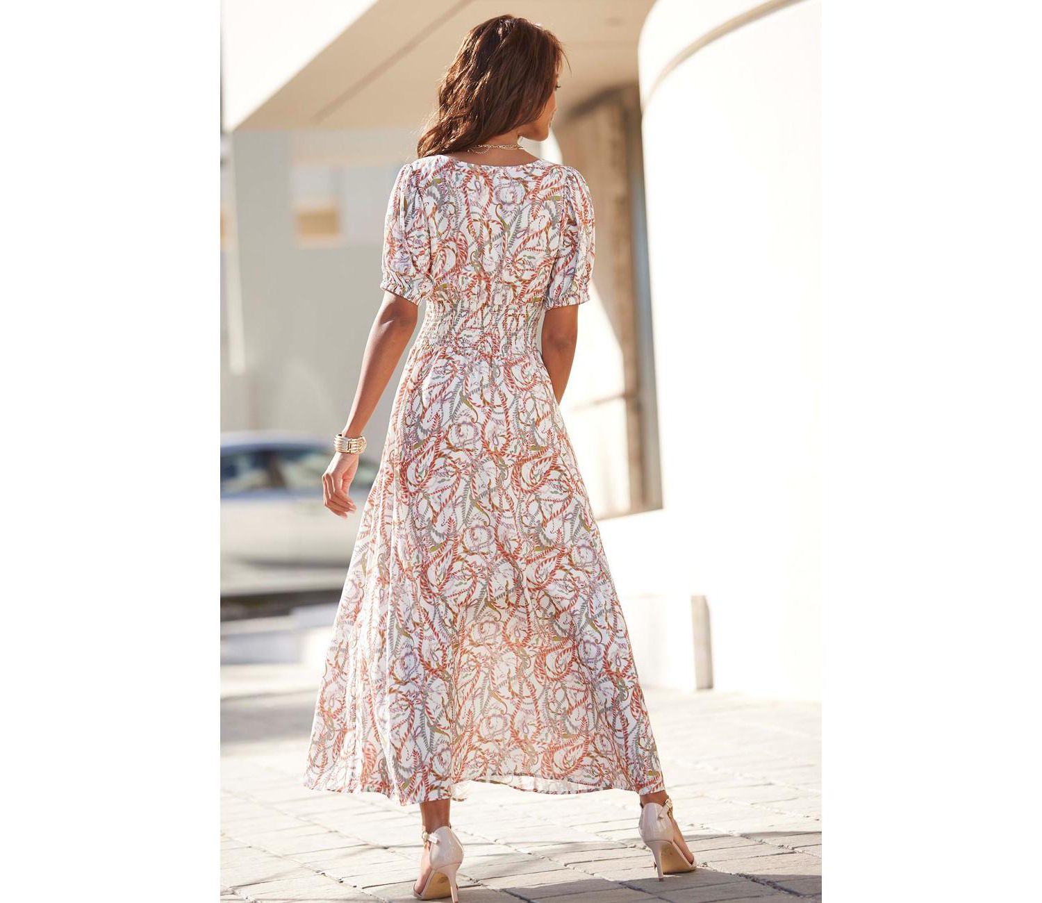 Women's Viscose Printed Puff A-Line V-Neck Empire-Waist Maxi Dress