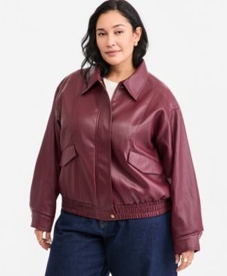 Plus Size Long-Sleeve Faux Leather Bomber Jacket