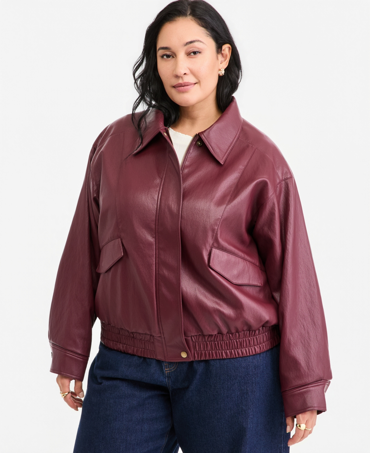On 34th Plus Size Long-sleeve Faux Leather Bomber Jacket, Macy's Exclusive In Trophy Red