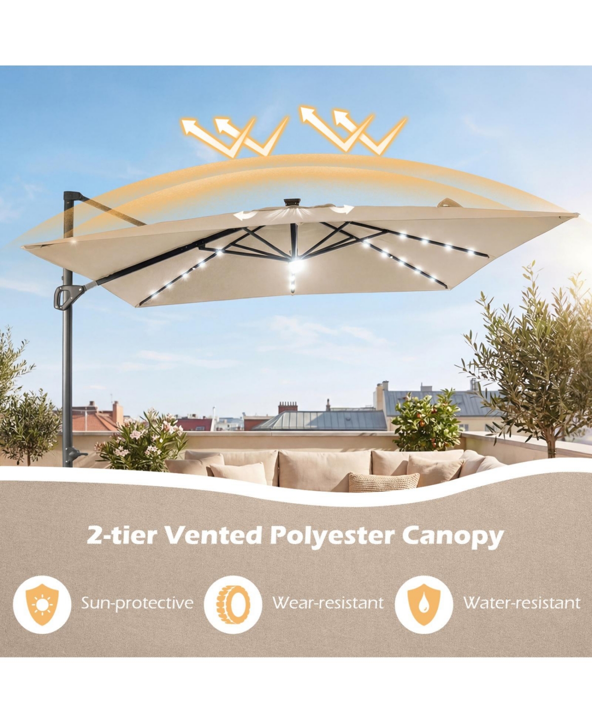Sugift 10 feet Cantilever Patio Umbrella with Solar Led Lights for Pool and Garden