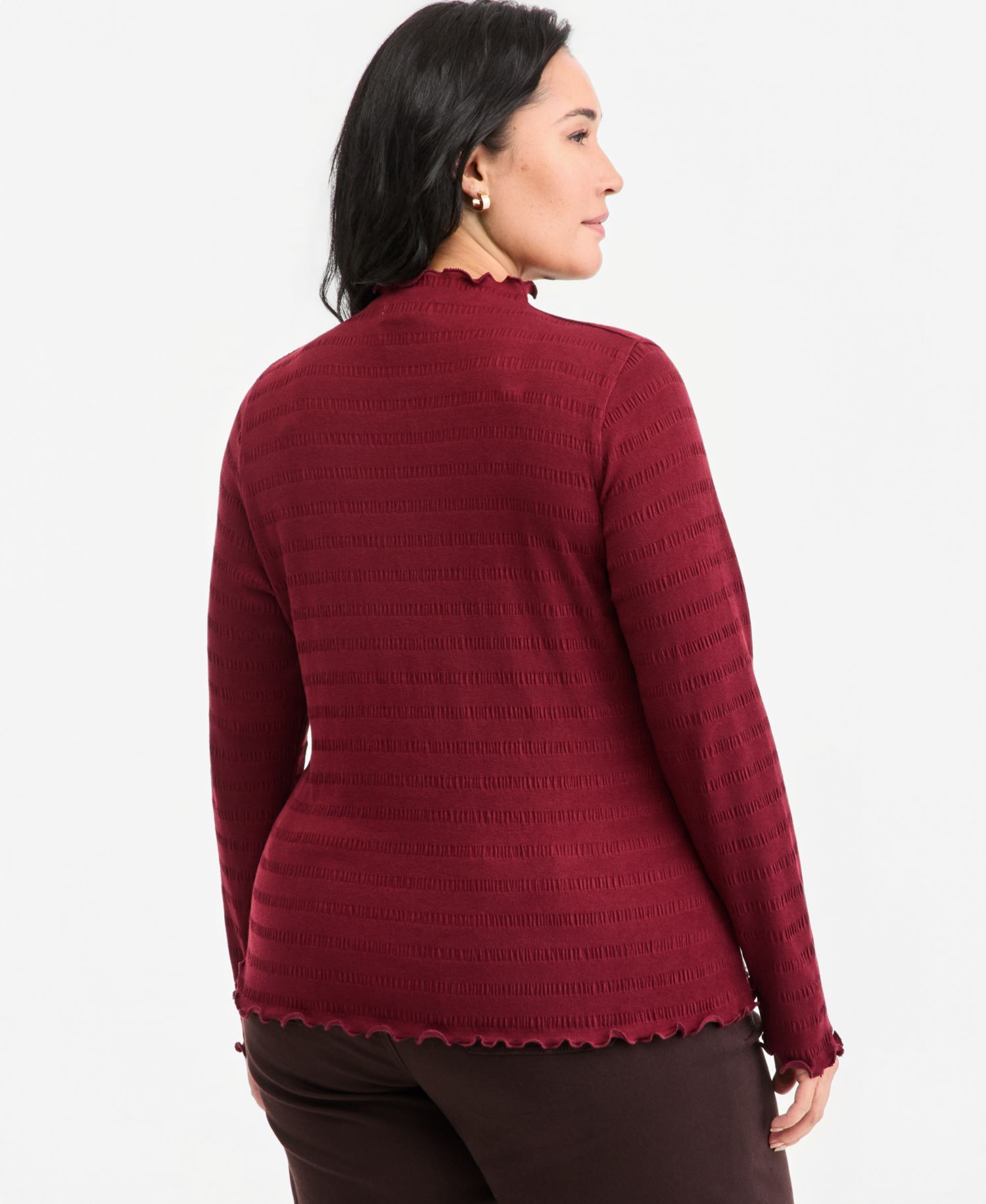 Plus Size Long-Sleeve Funnel Neck Puckered-Rib Top