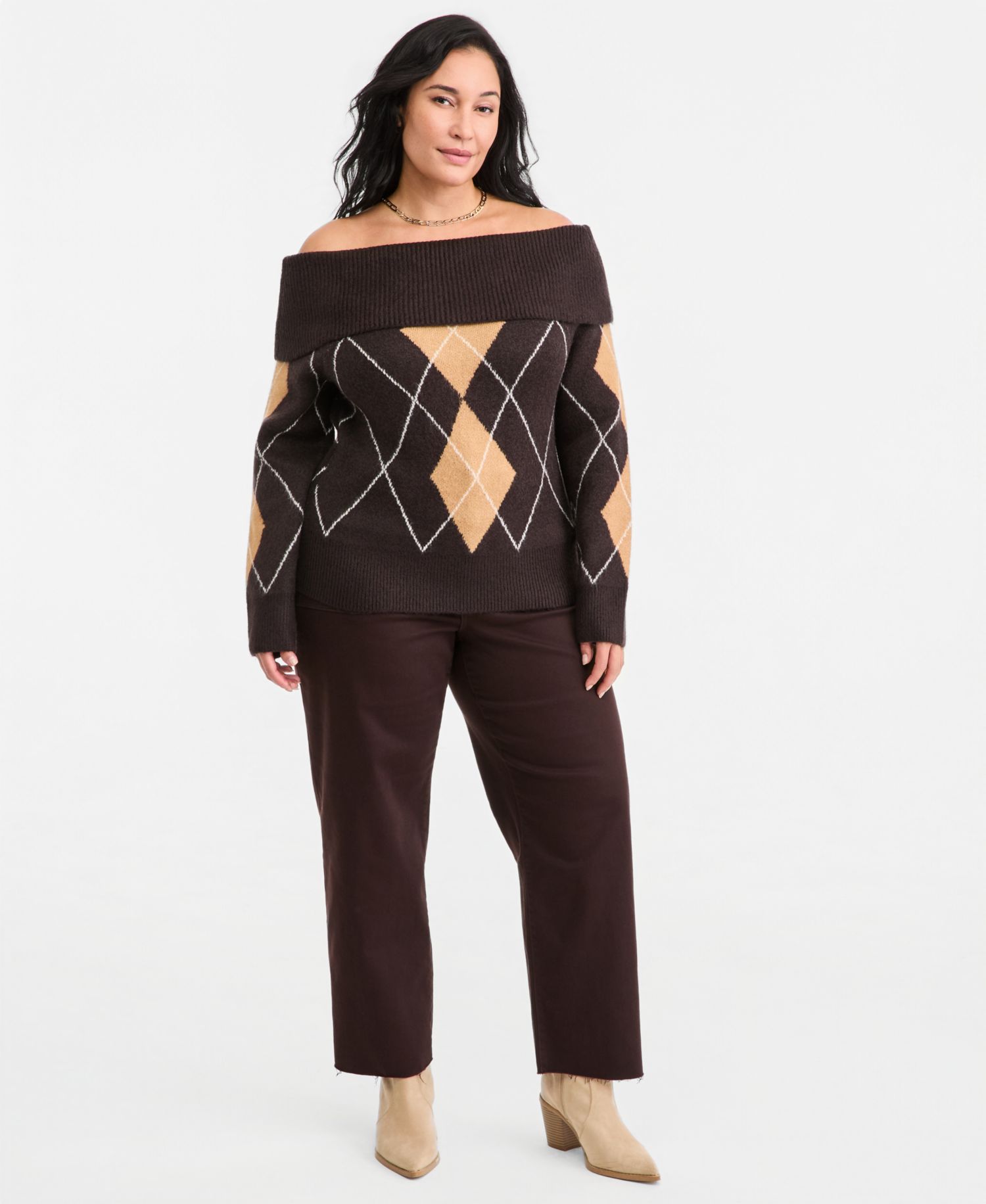 Plus Size Off-the-Shoulder Argyle Sweater