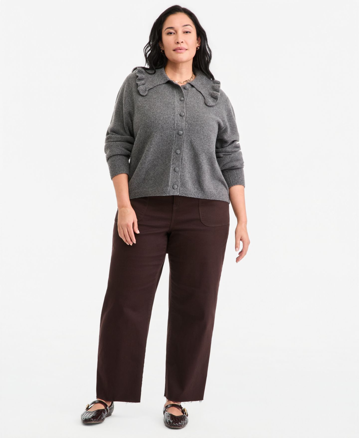 Женский кардиган On 34th Plus Size Ruffled Collar Long-Sleeve, цвет: Серый — фото 3
