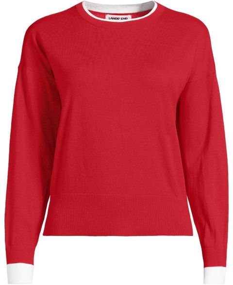 Женский свитер Lands' End Drifter Lite Double Trim Crew, цвет: Красный / Белый