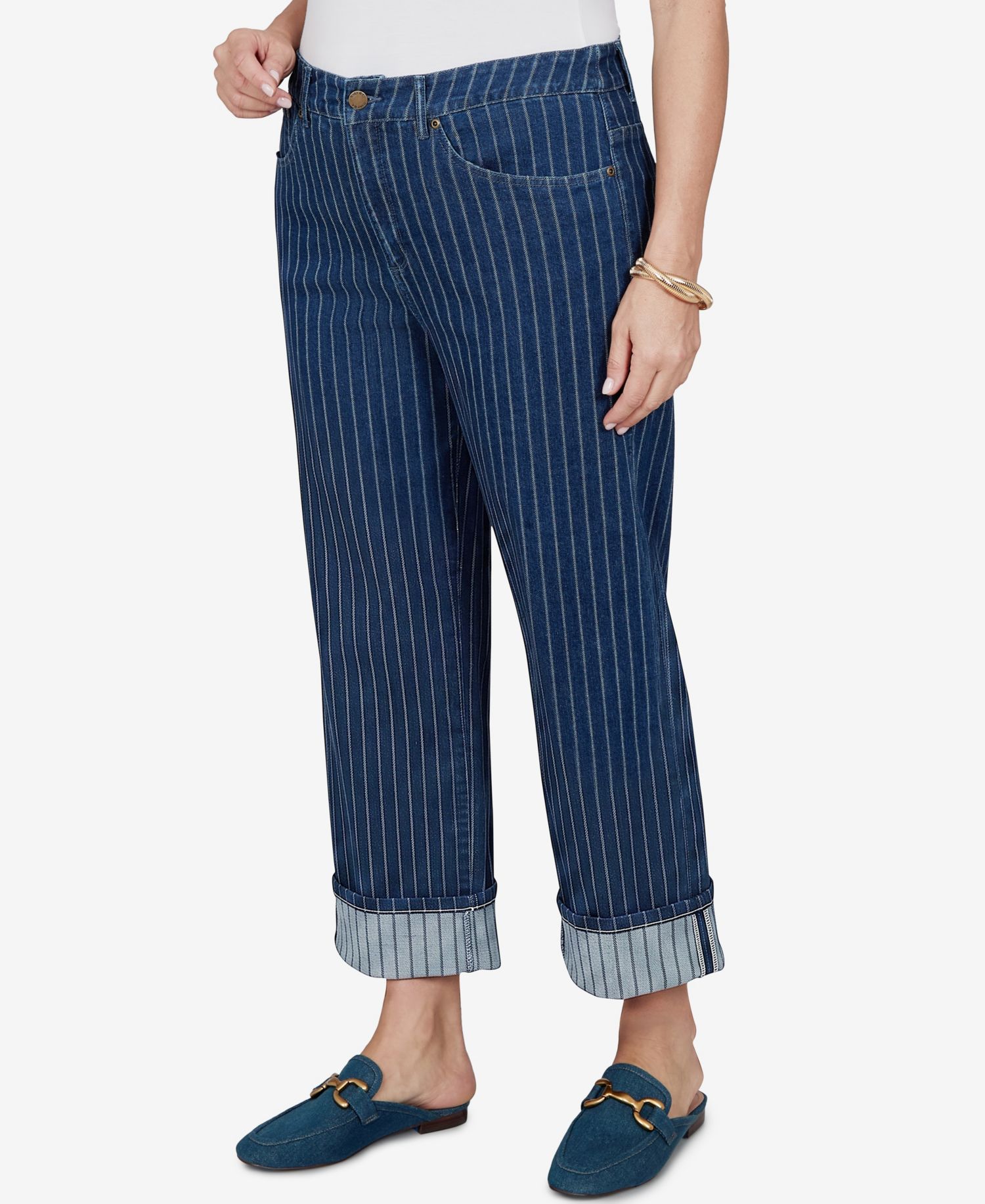 Plus Size Pinstripe Wide Cuff Denim Jeans
