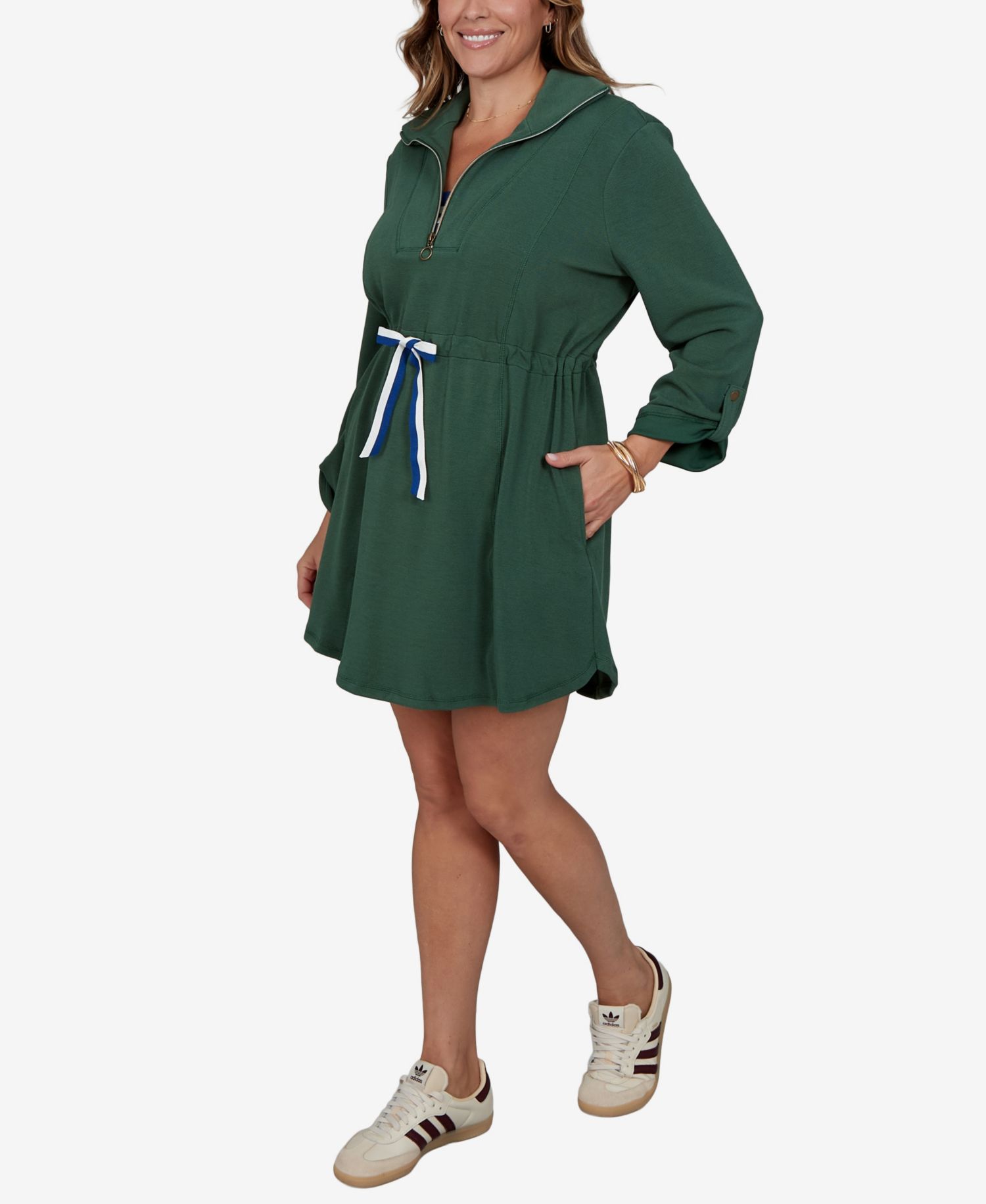 Plus Size Stripe Trim Drawstring Waist Dress