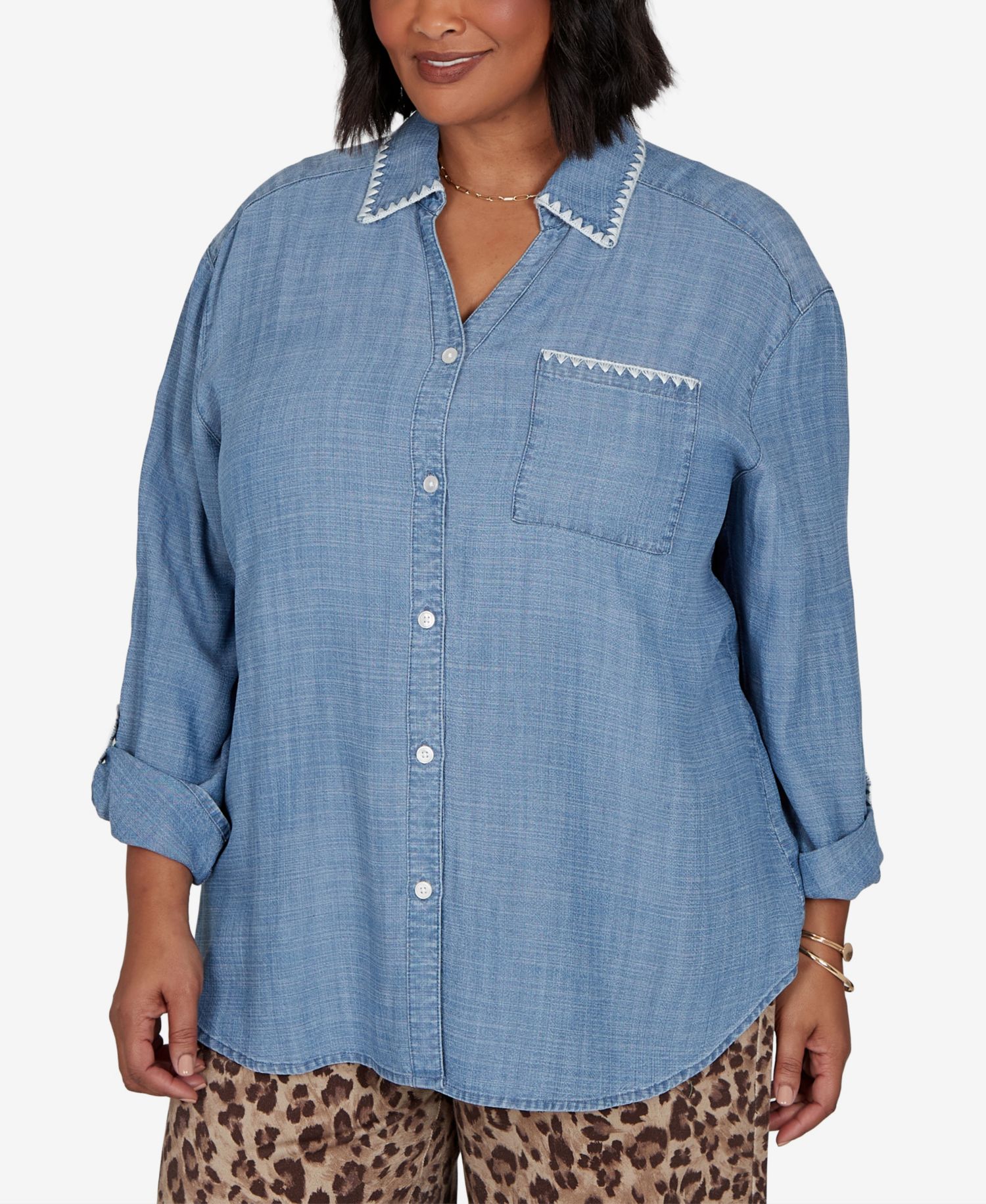 Plus Size Crochet Trim Soft Button-Front Top