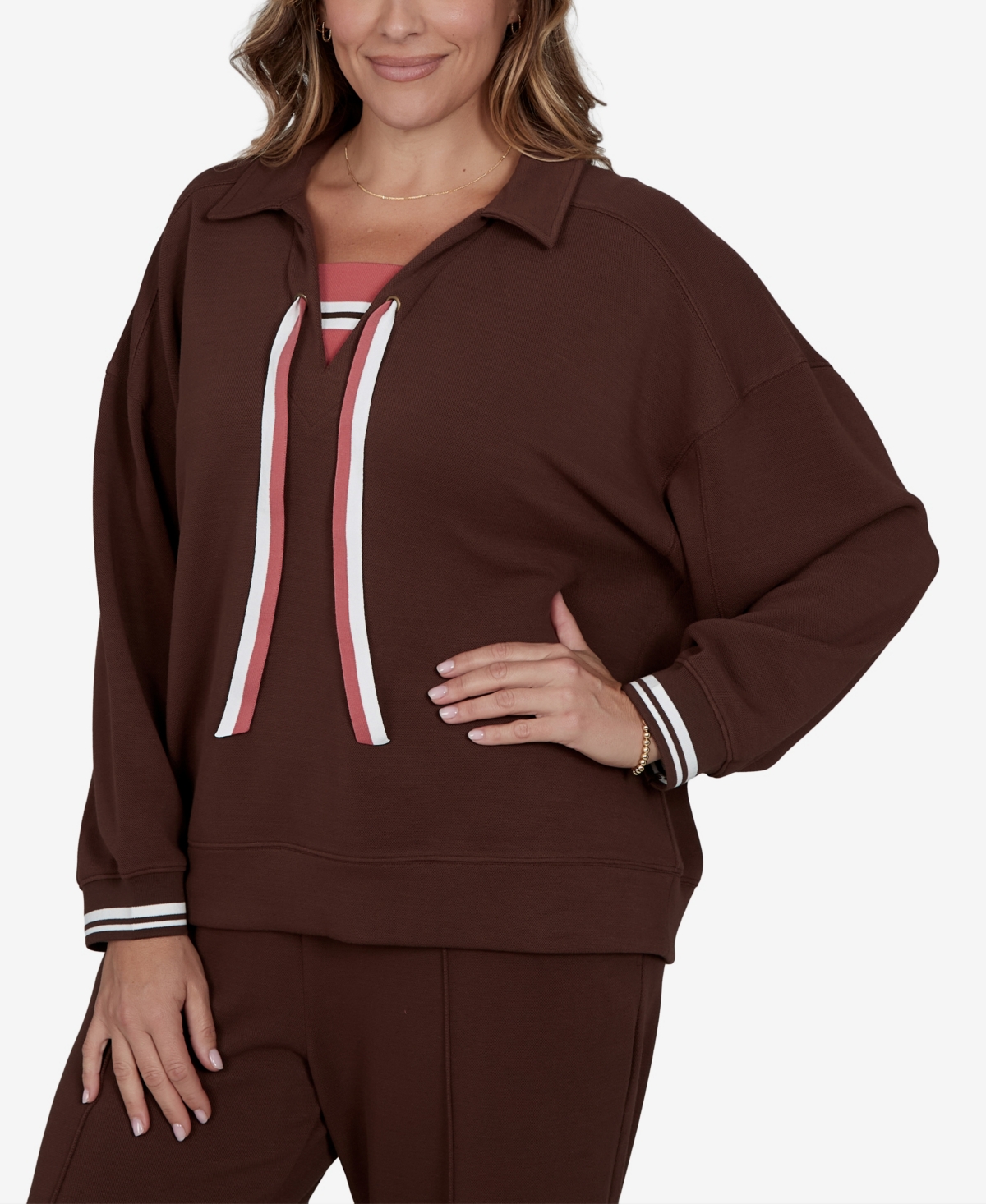 Ruby Rd. Plus Stripe Trim Drawstring Pullover Top