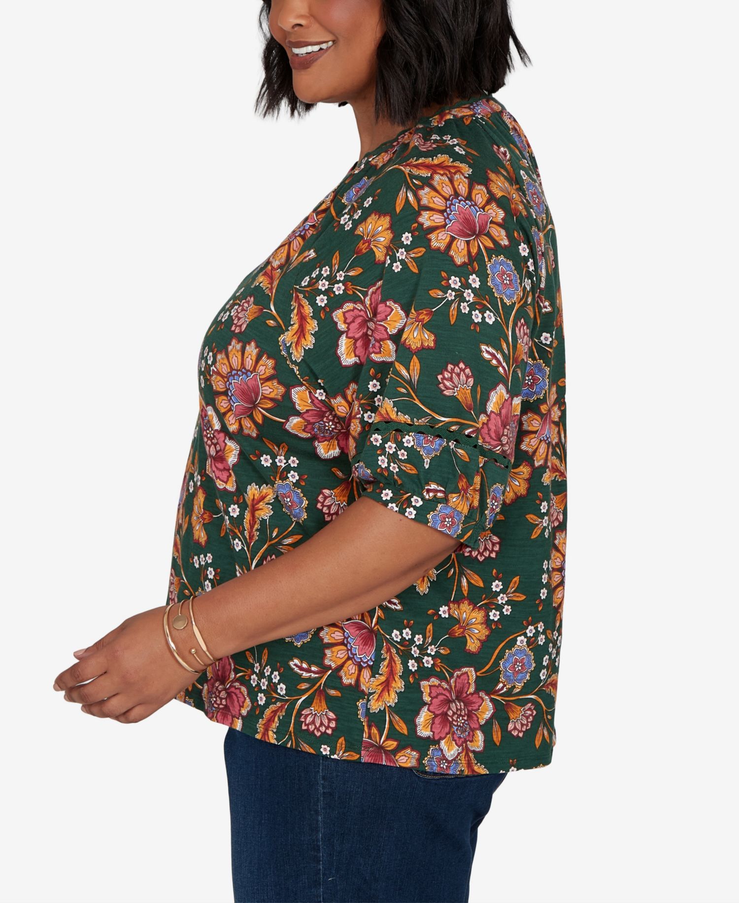 Plus Size Floral Vines Printed Cotton Knit Top