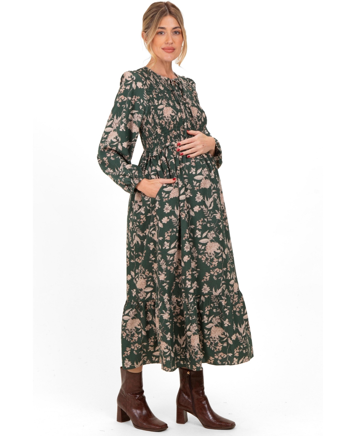 Pinkblush Women's Green Floral Smocked Long Sleeve Midi Dress