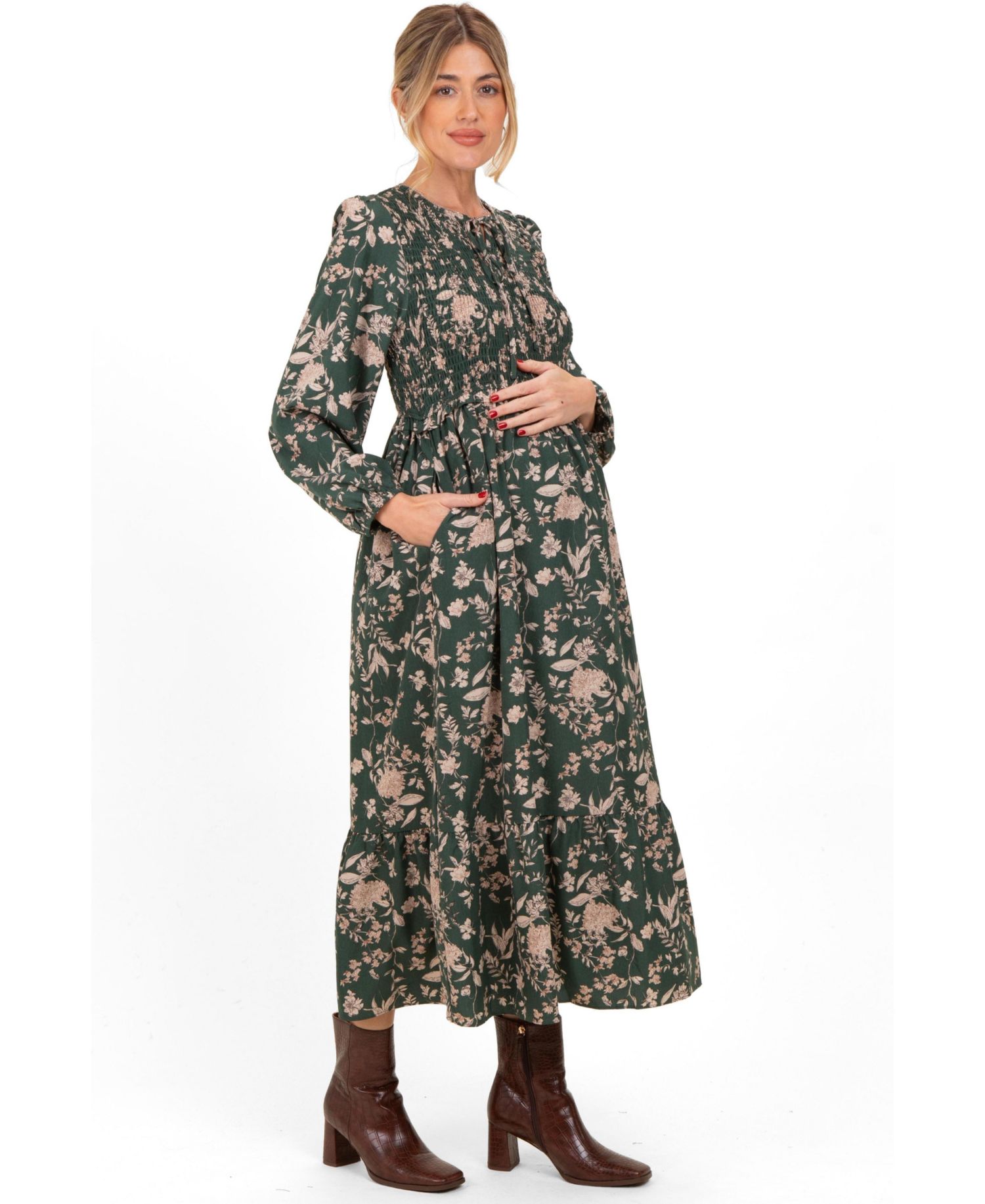 Women's Green Floral Smocked Long Sleeve Midi Dress