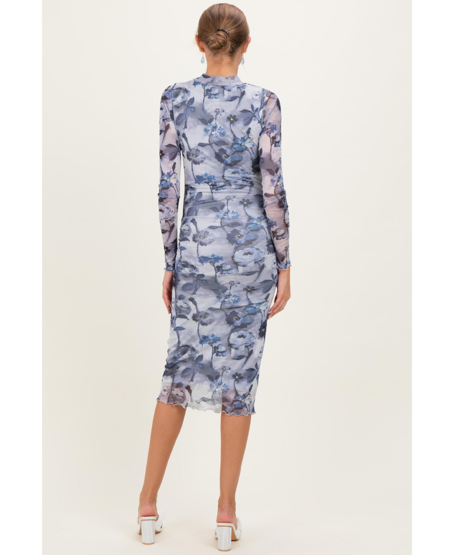 Women's Blue Floral Mesh Long Sleeve Midi Dress