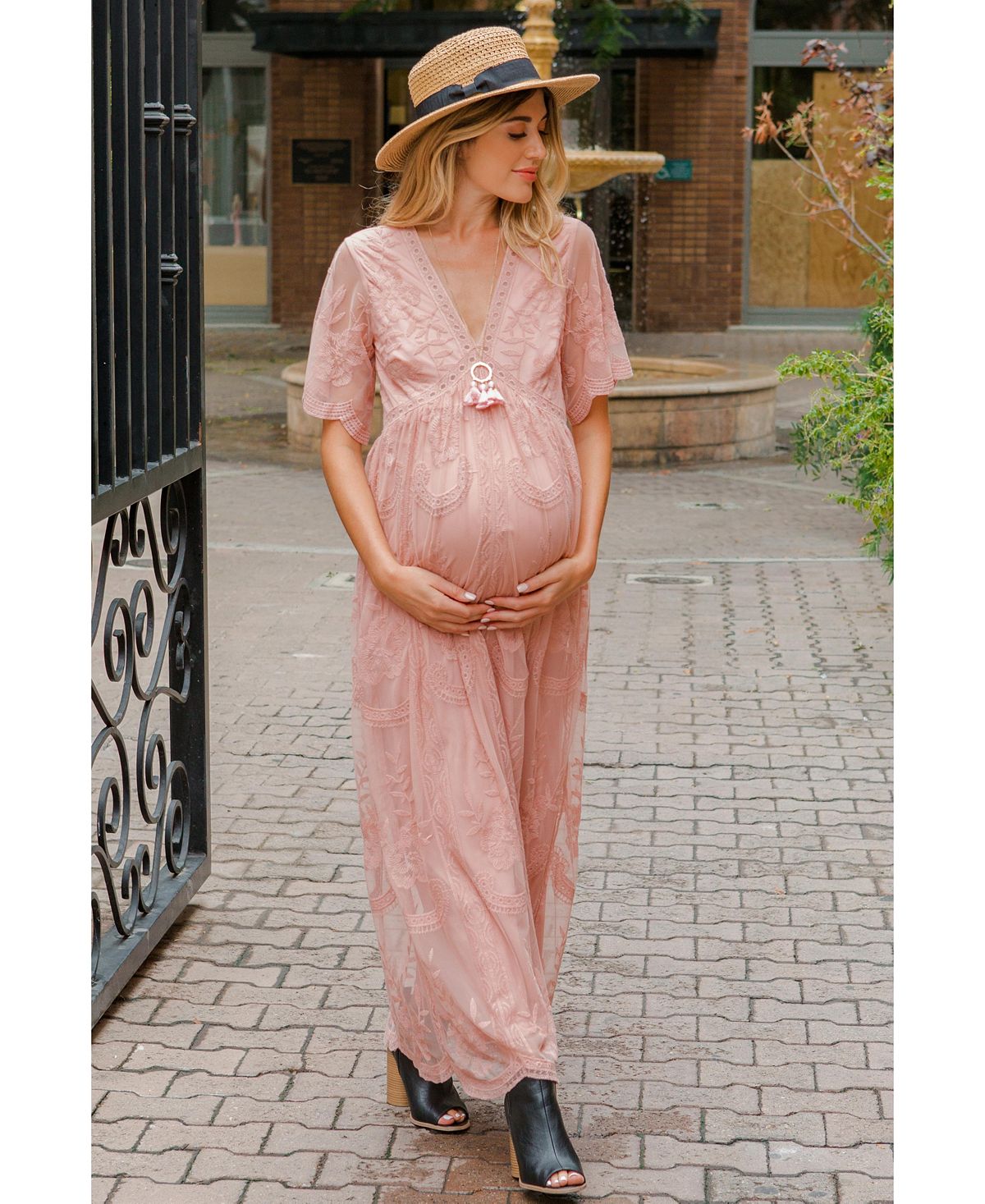 Pinkblush Women's Burgundy Lace Mesh Overlay Maxi Dress view 7 — MAYCSS fashion products