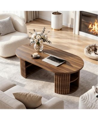 39" Oval Fluted Coffee Table, Farmhouse Wood Coffee Table Mid Century Modern Center Table Boho Living Room Tables for Living Room, Home Office