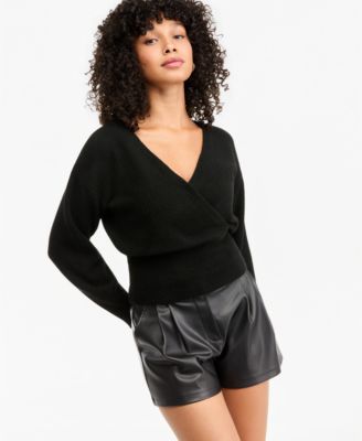 Women's Sculpted Surplice Long-Sleeve Ribbed-Knit Sweater