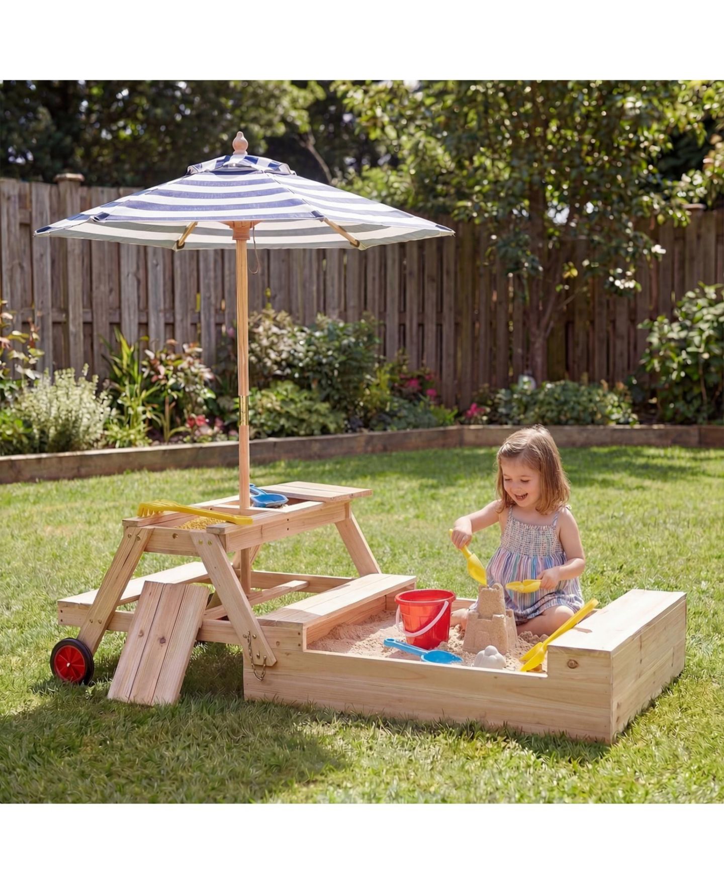 Детская игрушка SUGIFT 2 in 1 Convertible Sandbox Picnic Table, Fir Wood with Adjustable Umbrella, Accommodates 3 Children, Ages 3+ — фото 2