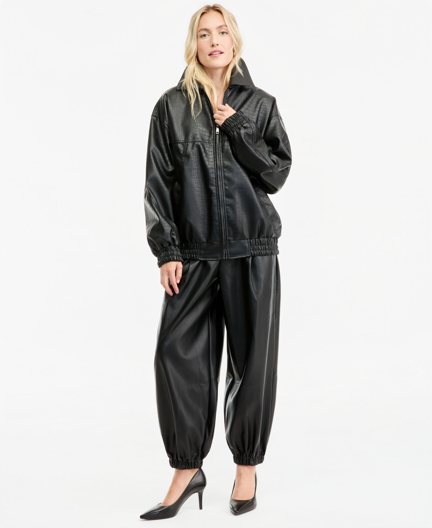 Women's Croc-Embossed Faux-Leather Oversized Bomber Jacket