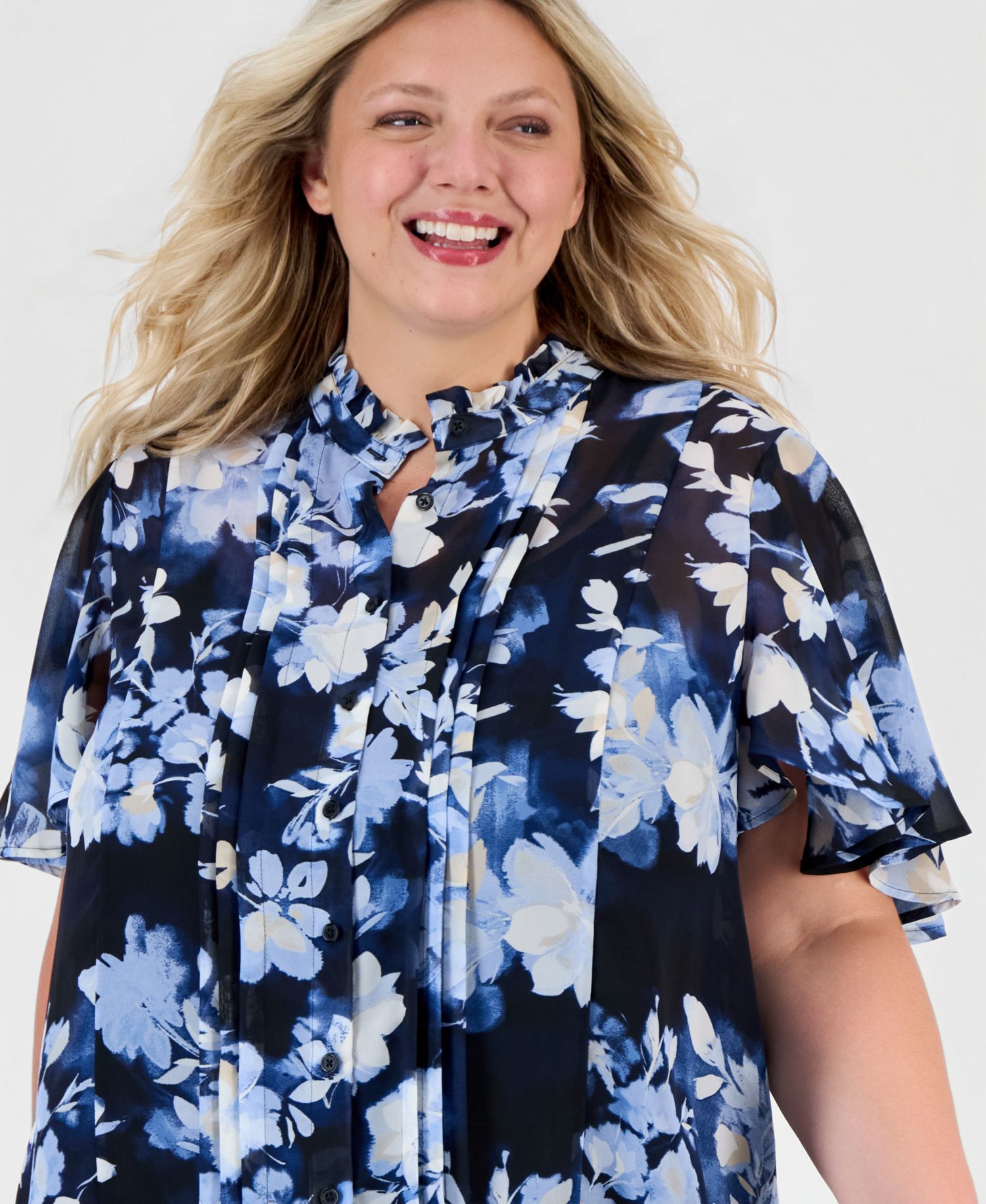 Plus Size Pleated-Placket Flutter-Sleeve Blouse