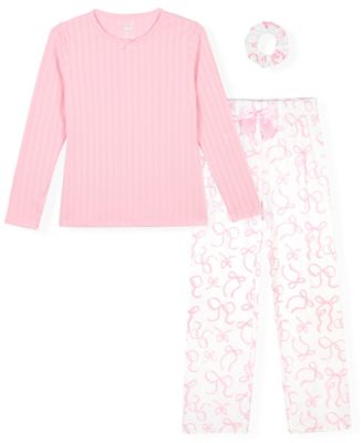 Girls' 7-16 Rib Top, Milky Print Pants and Matching Scrunchie Pajama, 3-Piece Set 