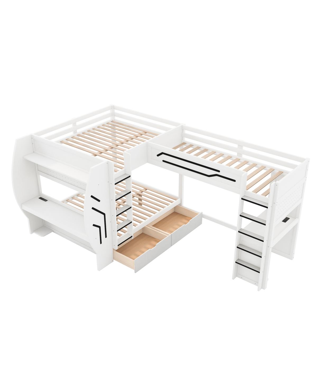 Streamdale Furniture L-Shaped 3-in-1 Gaming Bunk Bed with Desks, Charging Station and Storage