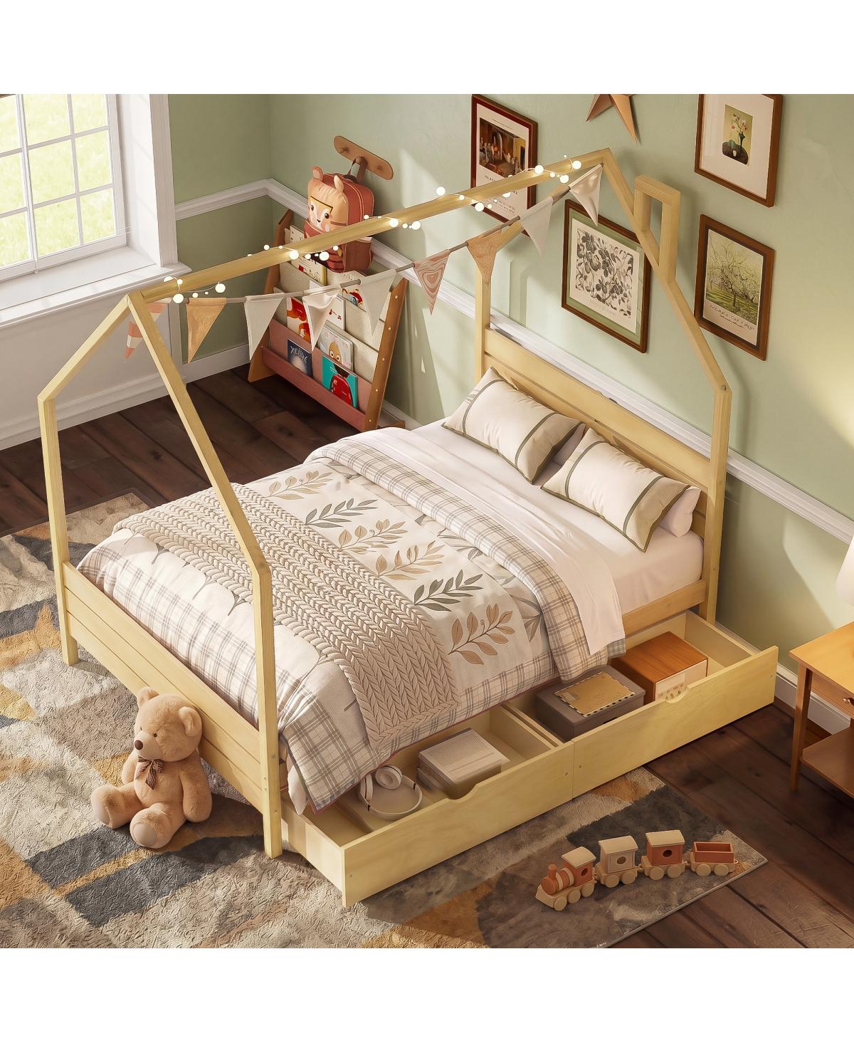 Streamdale Furniture Full House Bed Frame with 2 Storage Drawers, Montessori Style