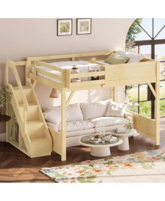 Queen Size Solid Wood Loft Bed with Wardrobe, Storage, and Stairs