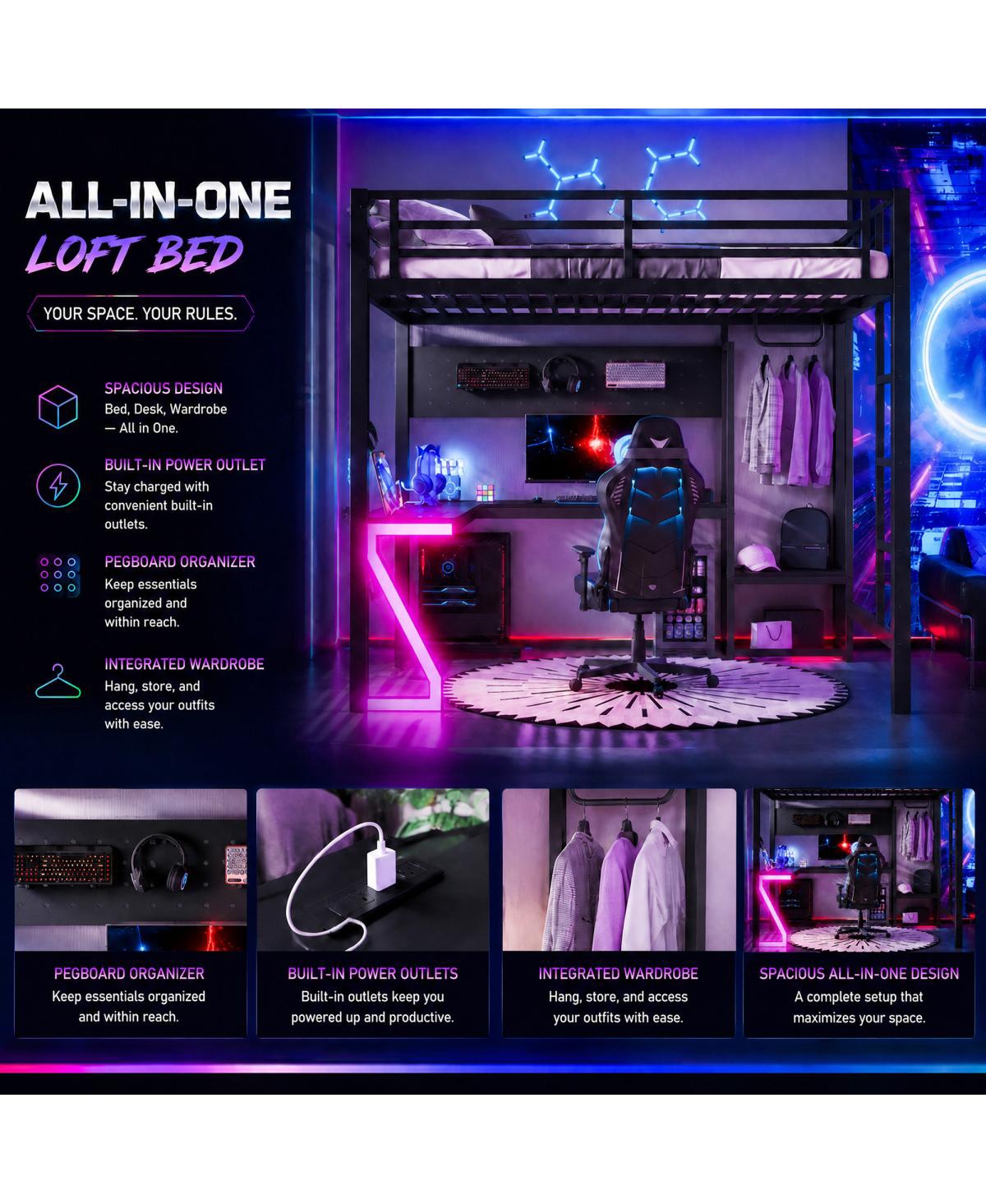 Streamdale Furniture Full Loft Bed with L-Shaped Desk, Usb Ports, and Gaming Lights