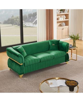 83.5" Modern Velvet 3-Seater Sofa with Gold Trim and 2 Pillows