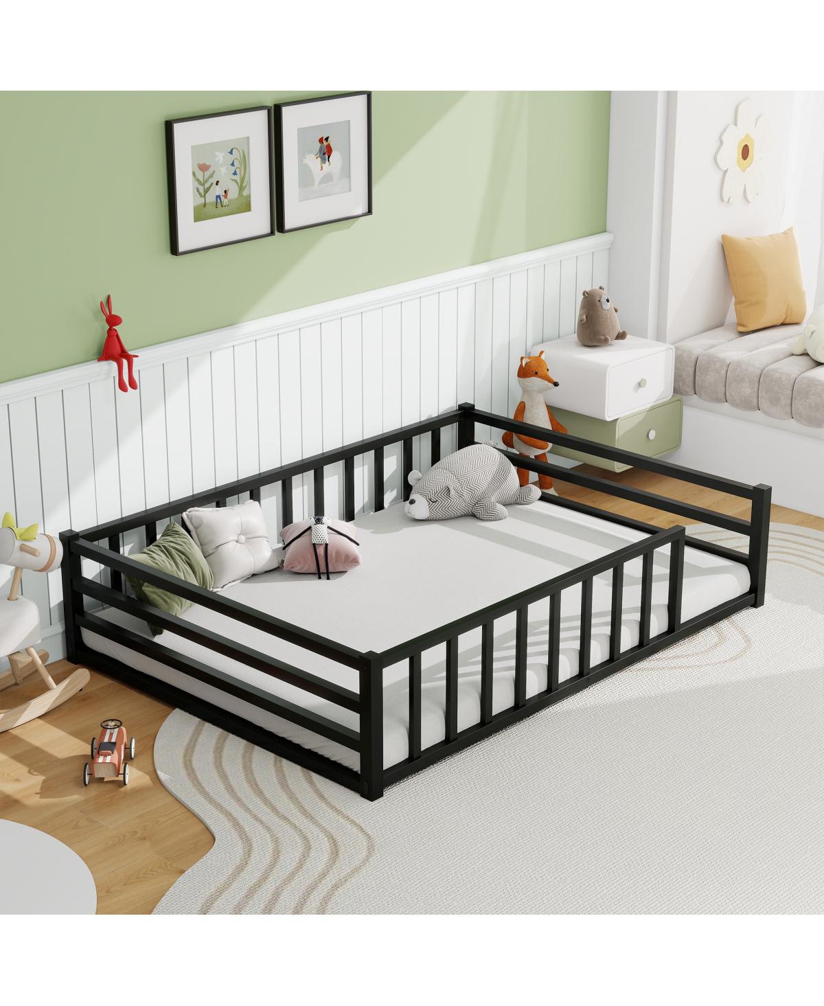 Streamdale Furniture Full Size Metal Floor Bed with Guardrails, No Box Spring Needed