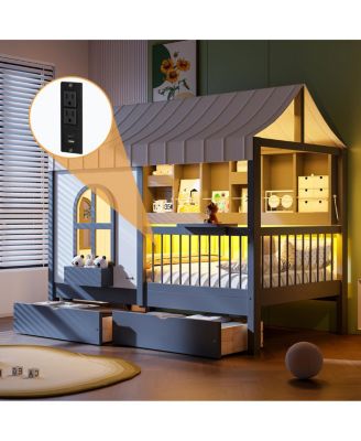 Twin Size House Bed with 2 Large Drawers, Side Bookshelf with LED Strip