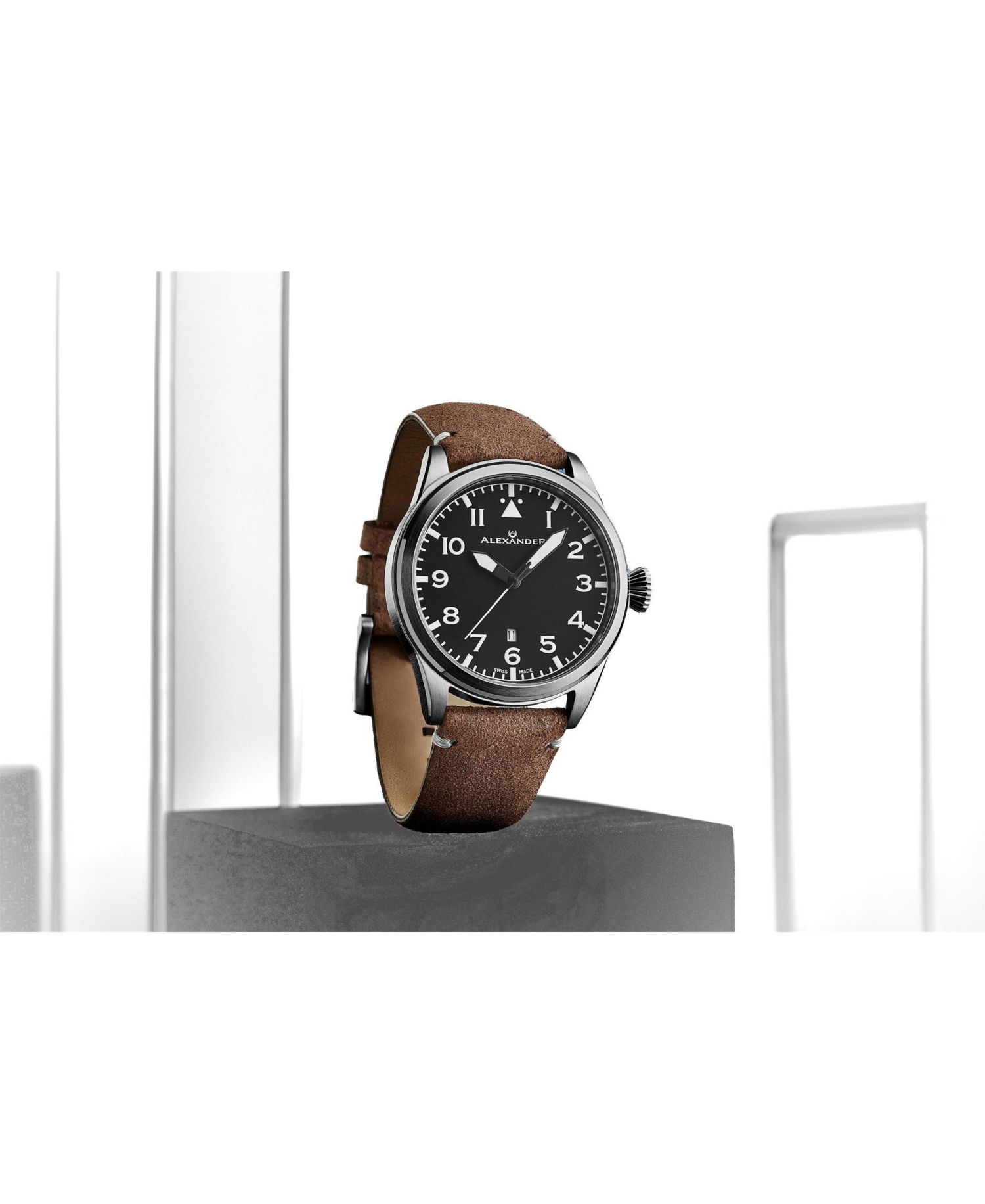 Men's Swiss Made Aviator A601.02 Quartz Watch with Dial, Suede Leather Strap, Sapphire Crystal, 42mm