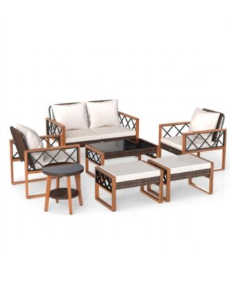 7-Piece PE Wicker Outdoor Sofa Set with Ottomans and Acacia Wood Accents