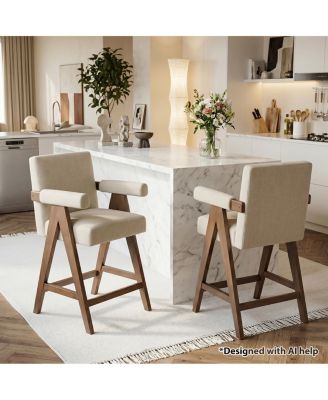 Set of 2 Upholstered Counter Height Bar Stools with Arms, Polyester Blend, Solid Wood Frame, Full Back
