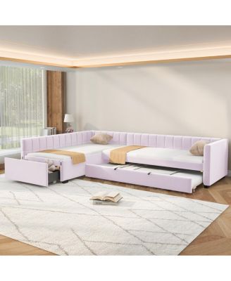 L-Shaped Upholstered Twin Daybed with Trundle and Drawer