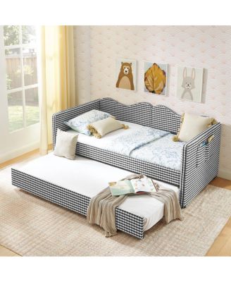 Gingham Upholstered Twin Daybed with Trundle and Side Storage Pocket