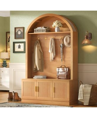 Farmhouse Arched Hall Tree with 5 Hooks and Storage Bench