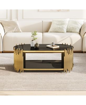 Luxury Gold and Black Glass Oval Coffee Table with Organ Pipe Design