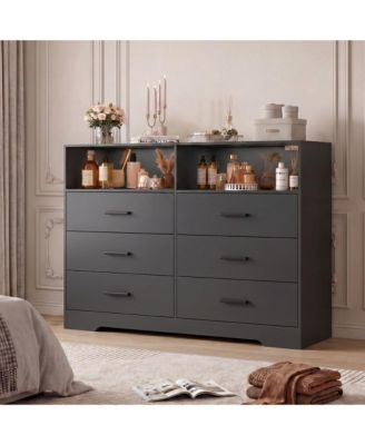 6 Drawer Wooden Dressers for Bedroom with Charging Station and Open Shelf, 47" Wide White Dresser, Wood Chest of Drawers with Deep Drawers