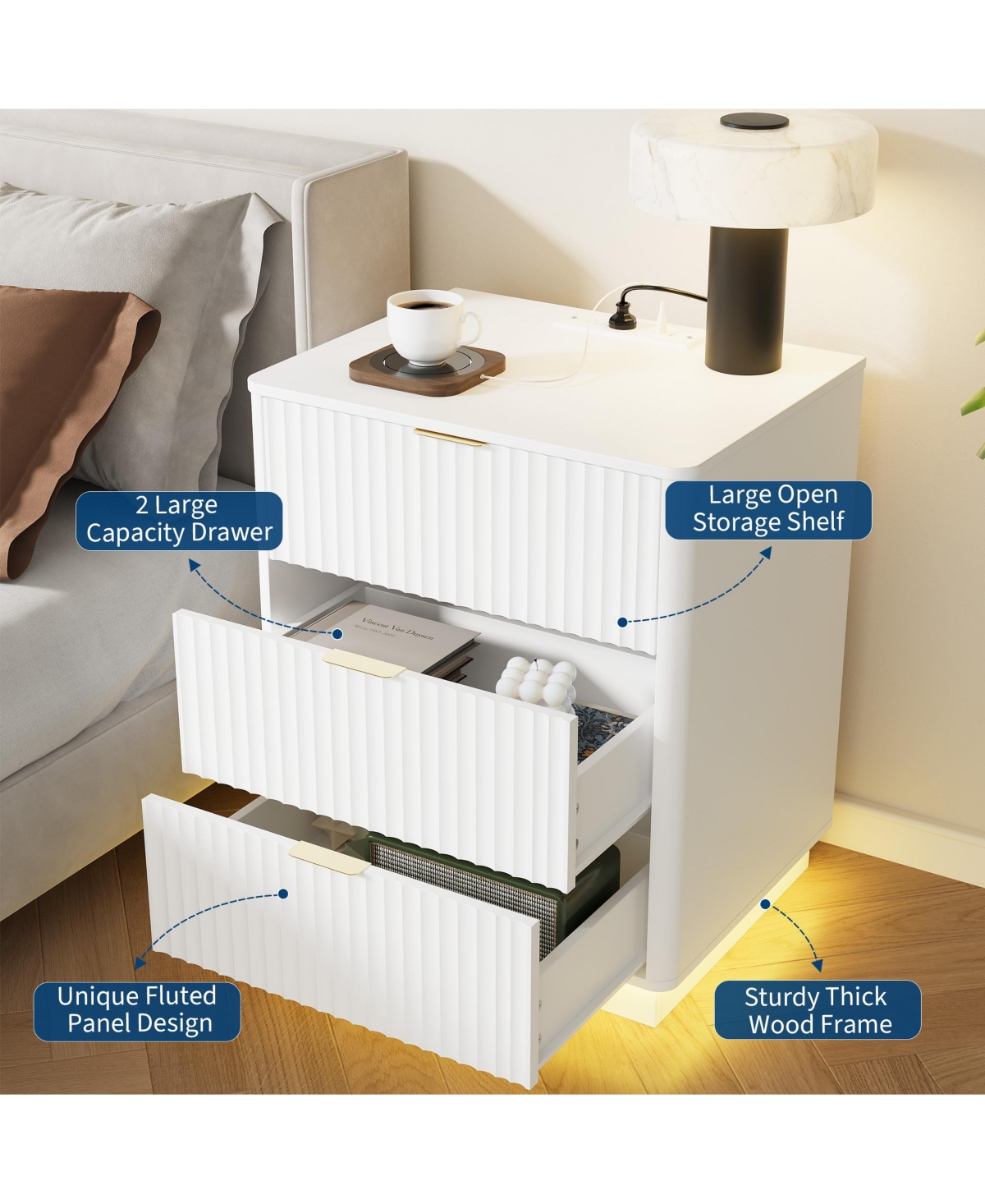 homfan Set of 2 Fluted Nightstands Wooden Night Stand with Charging Station and Led Light, 3-Drawer Bedside Table for Bedroom