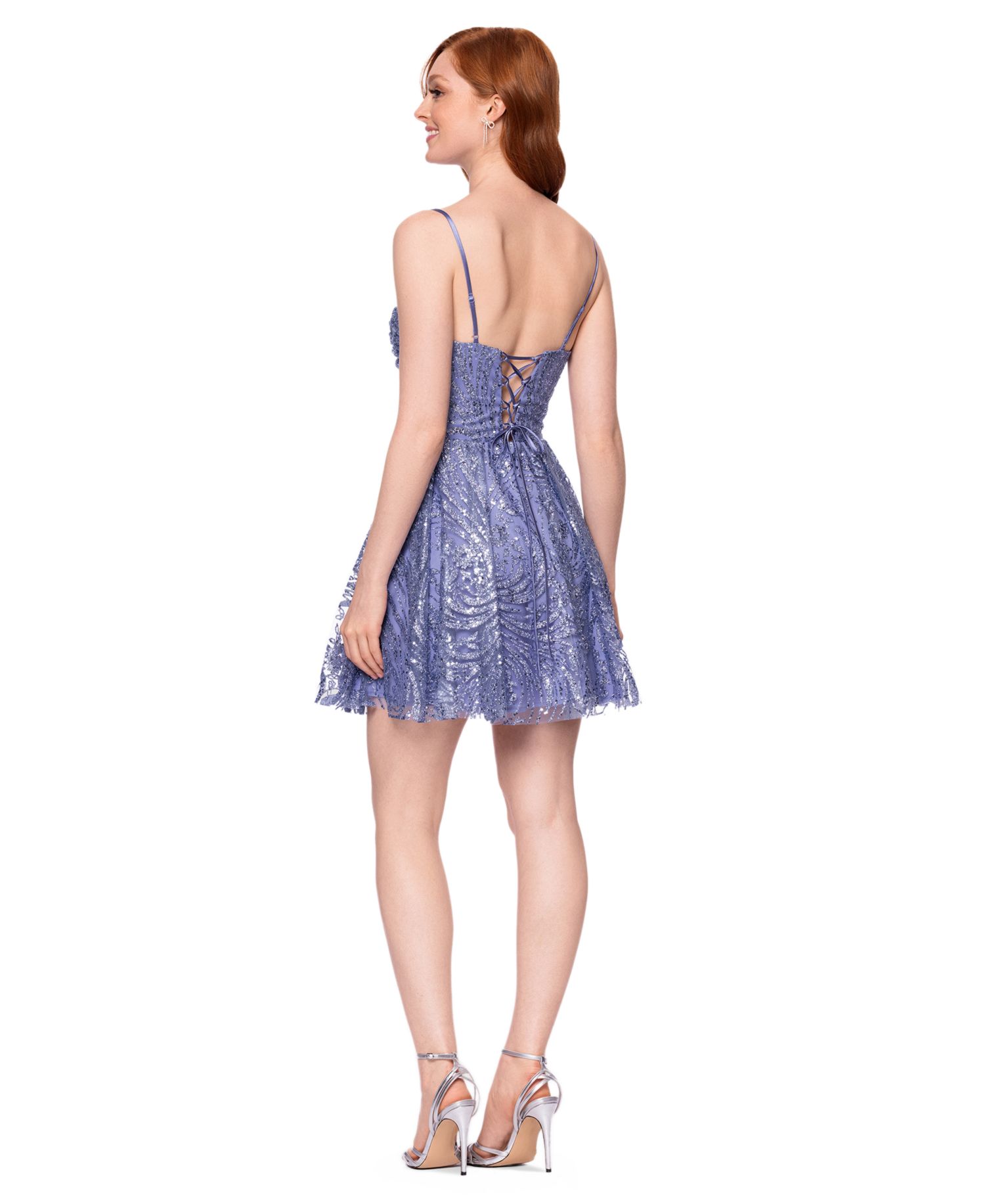 Juniors' Sweetheart Fit-and-Flare Glitter Lace Floral-Print Mini Dress