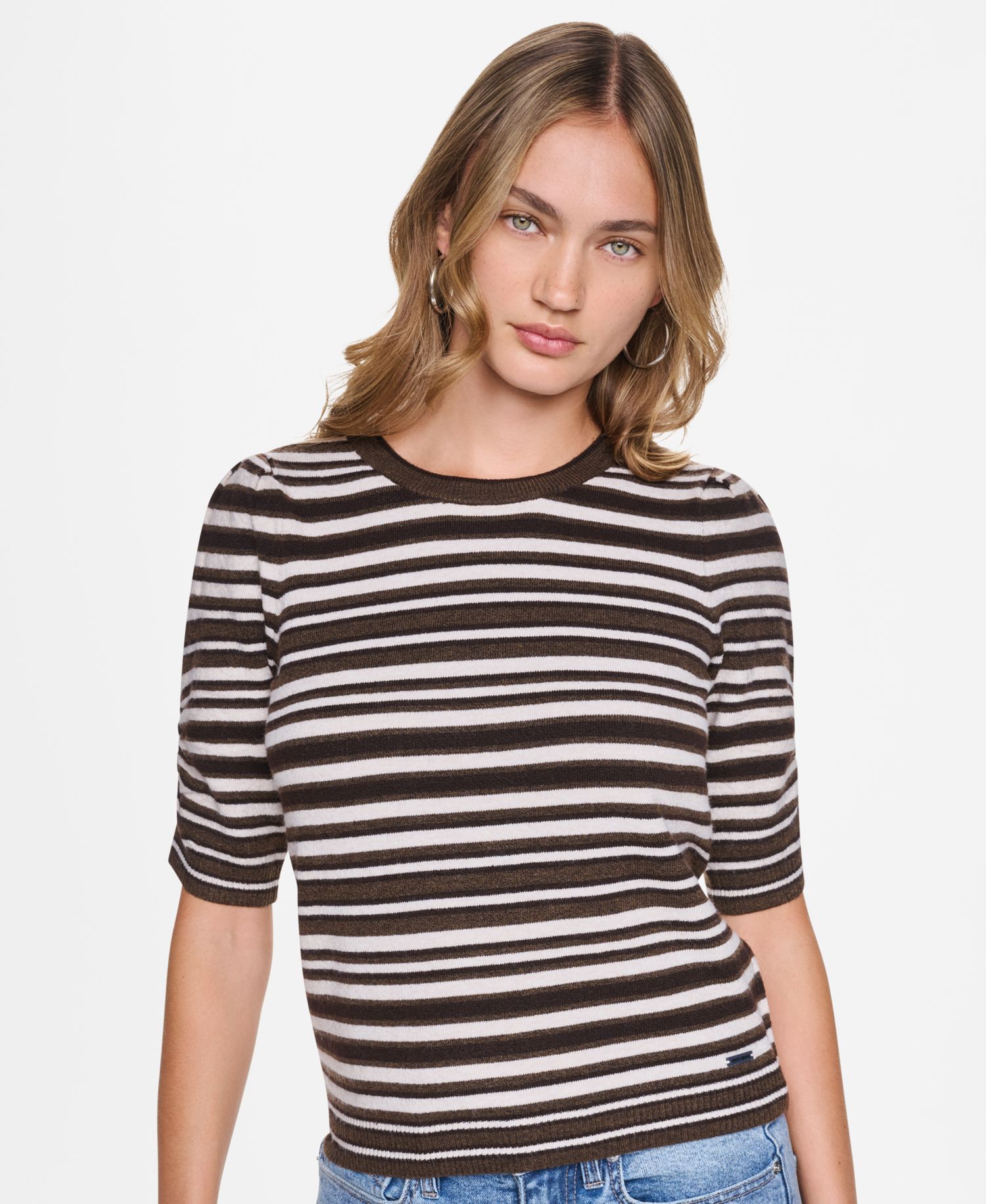 Women's Striped Puff-Sleeve Crewneck Sweater