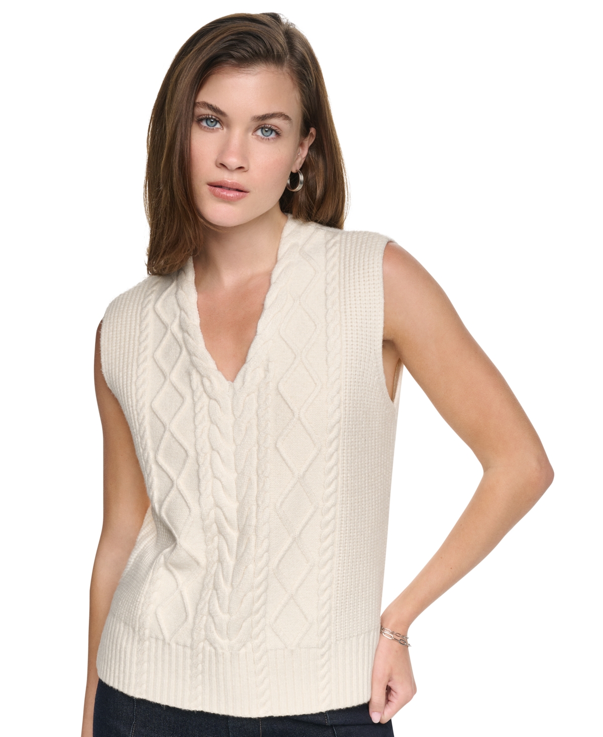 Dkny Jeans Women's Cable Knit V-Neck Hi-Low Sweater