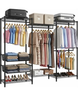 Heavy Duty 4-Rod Freestanding Garment Rack with Shelves and Baskets