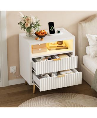 2 Drawer Dresser, 23.6" Wooden Cabinet with LED and Charging, Fluted Nightstand Handle, Modern Storage for Closet, Living Room, Hallway