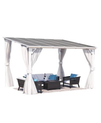10' x 10' Wall Mounted Hardtop Gazebo Lean to Metal Pergola with Curtains Netting Patio