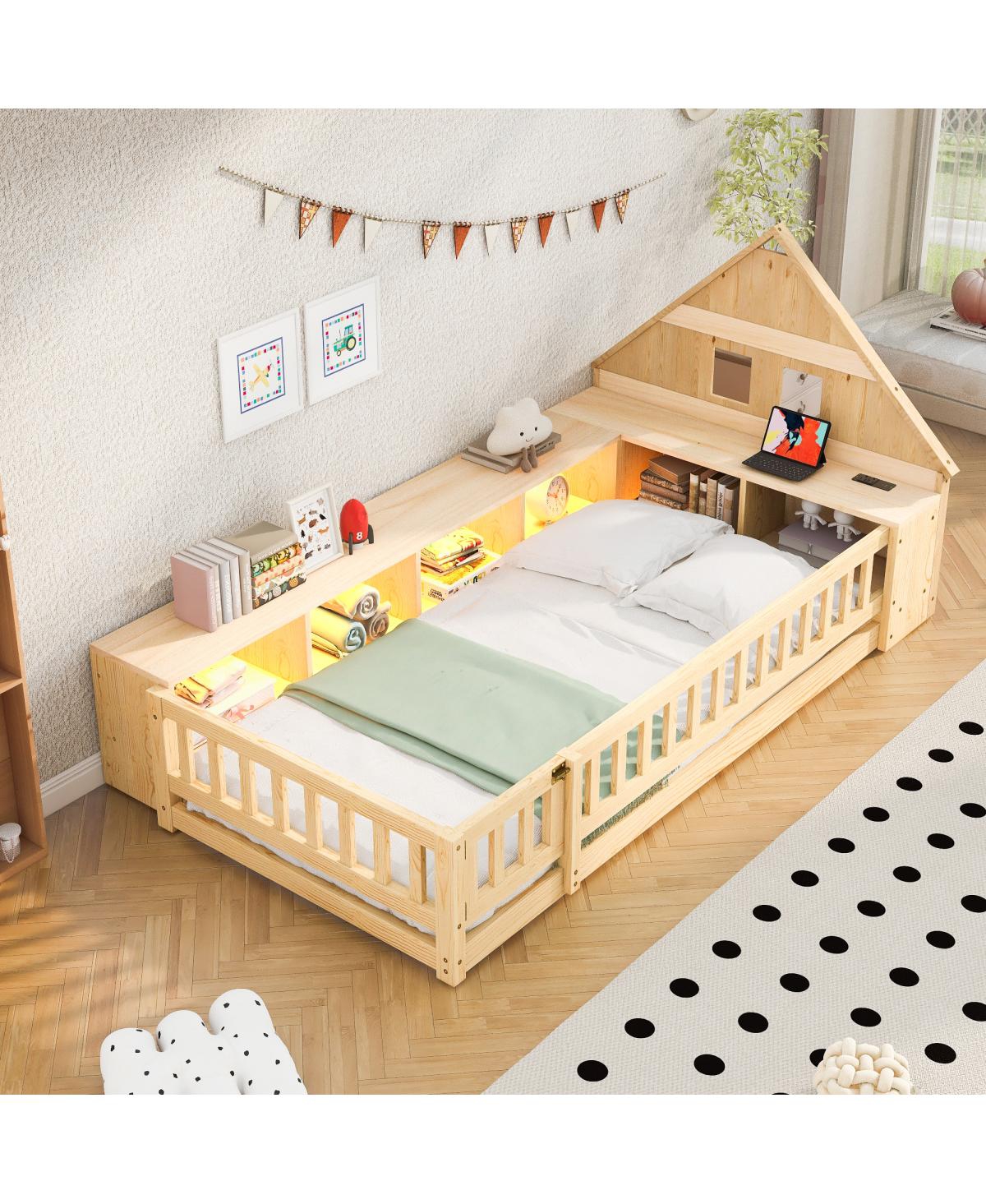 Streamdale Furniture Twin Wood House Floor Bed with Storage, Led, Usb and Outlets