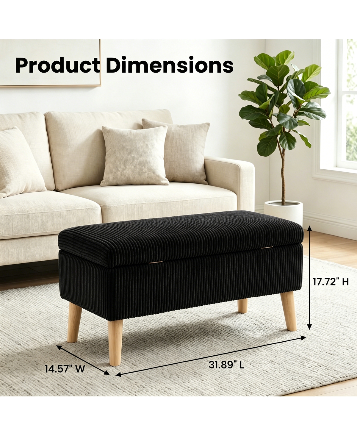 Streamdale Furniture 32" Corduroy Flip-Top Storage Ottoman Bench with Wooden Legs