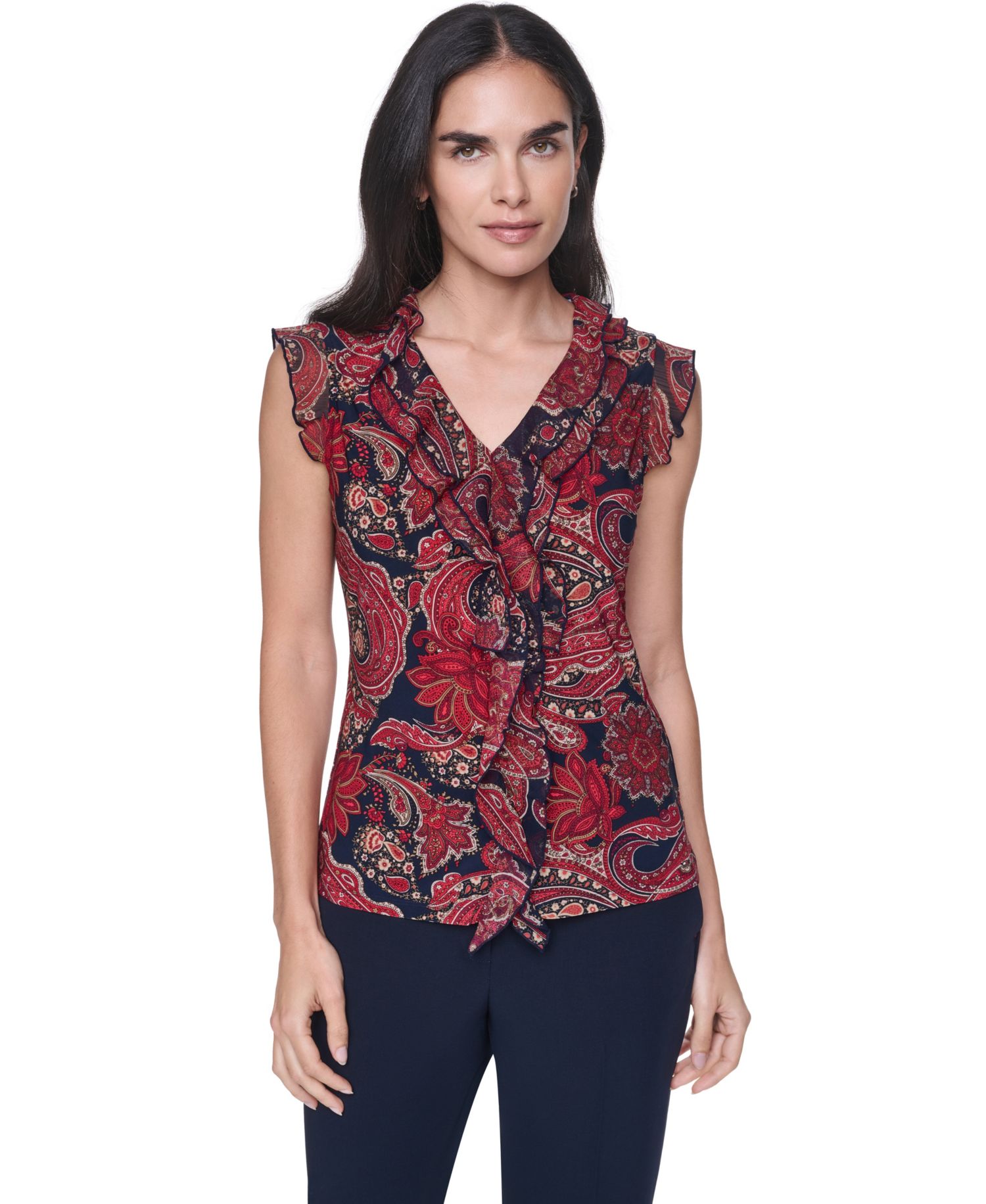 Women's Sleeveless Paisley V-Neck Blouse