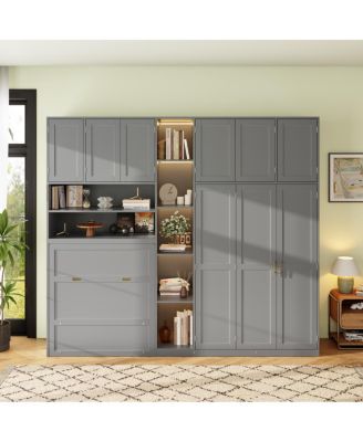 Twin Murphy Cabinet Bed with Wardrobe, Storage Shelves and LED Lighting