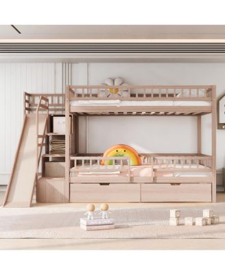 Full over Full Bunk Bed with Storage Staircase, Slide and 2 Drawers